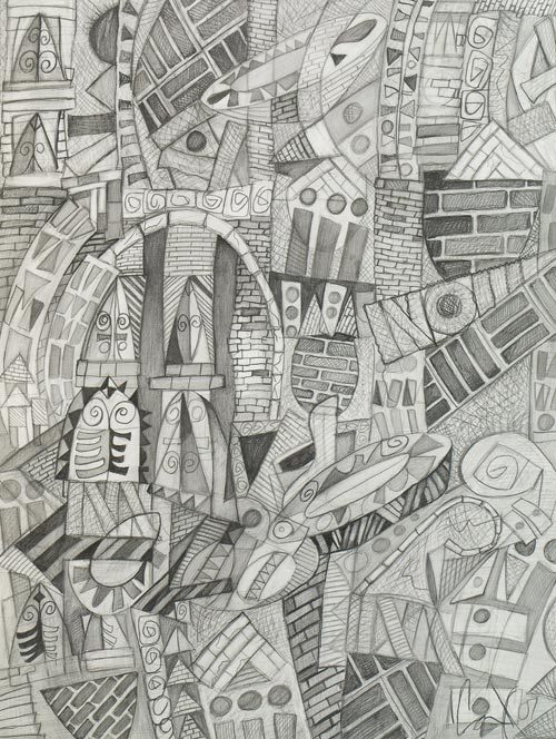 Visions on Main Street by Cedric Cox, 18x24 inches, graphite on paper