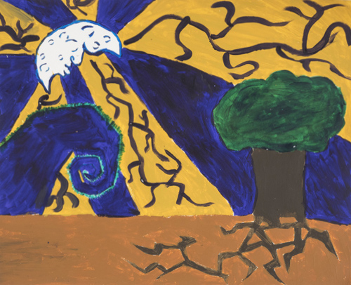 Item # 23 Moonman and Tree acrylic on paper 12 x 15 inches