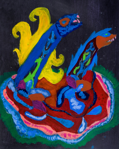  6th grader “ Fish Out of Water” 13”x10” Acrylic on paper Artwork inspired Native American Woodland Art 