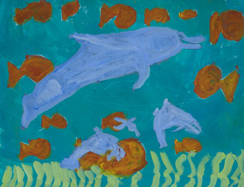  1st grade “ Dolphin and  Fish” 11”x13” Acrylic on paper Artwork inspired by students’ favorite animal 