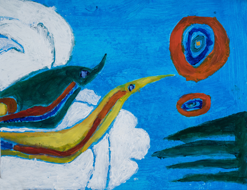  4th grader “ Birds in Flight“ 10”x13” Acrylic on paper Artwork inspired Native American Woodland art 