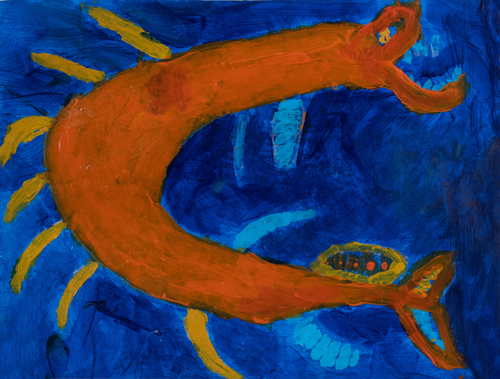  3rd grader “ Crazy Fish” 10”x13” Acrylic on paper Artwork inspired Native American Woodland art 