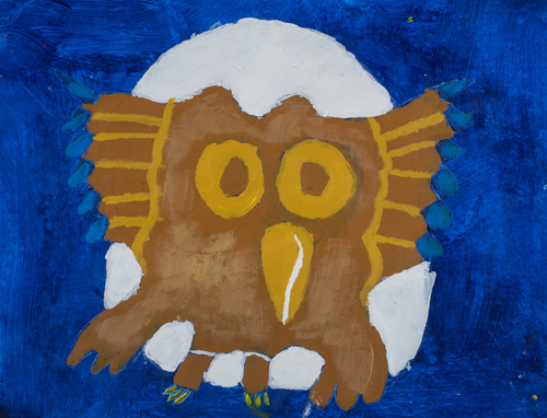  5th grader  “ The Owl” 10”x13” Acrylic on paper Artwork inspired Native American Woodland art 