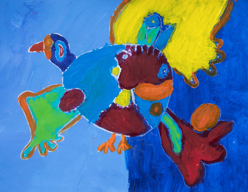  3rd grader “ Wild Bird Flying” 10”x13” Acrylic on paper Artwork inspired Native American Woodland art 